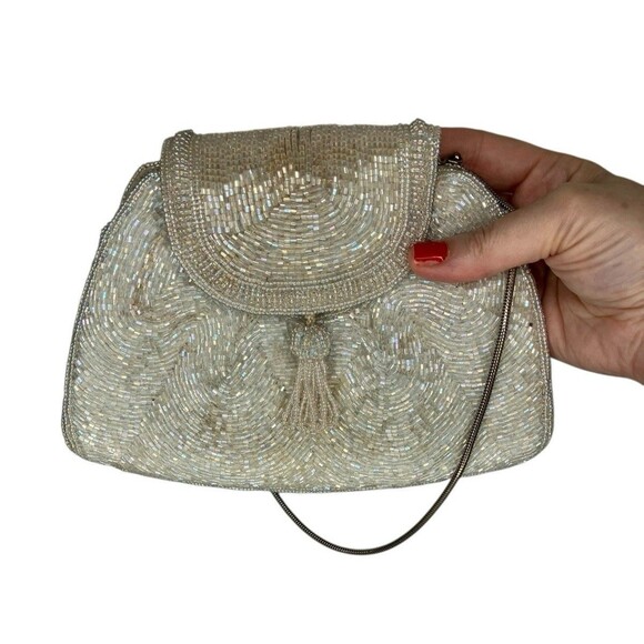 50's 60's  Vintage DeLill Beaded Evening Bag Iridescent White Purse Metal Strap - Picture 8 of 16